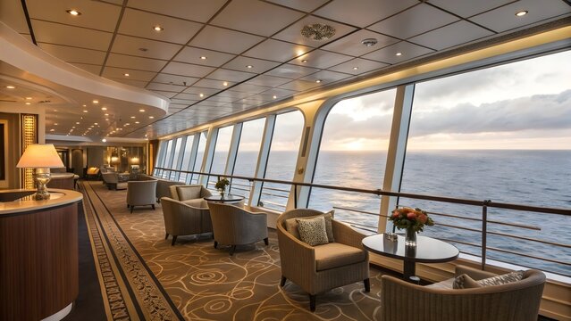 Cruise ship interior lounge with large windows