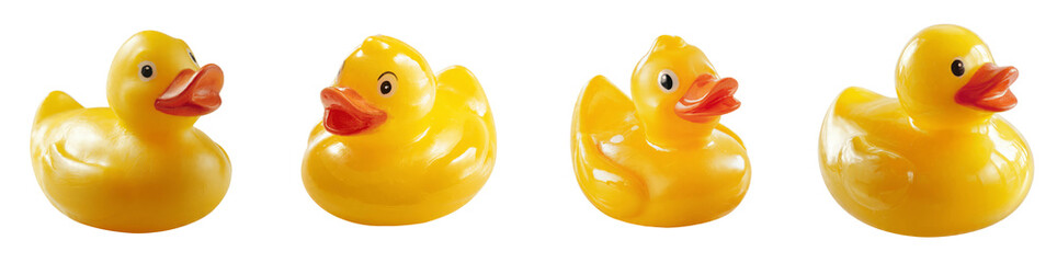 Set of four classic yellow rubber ducks for bath time fun, PNG, transparent background