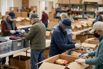 Male volunteers pack clothes and food into care packages for needy people. Community service and humanitarian aid program for charity.