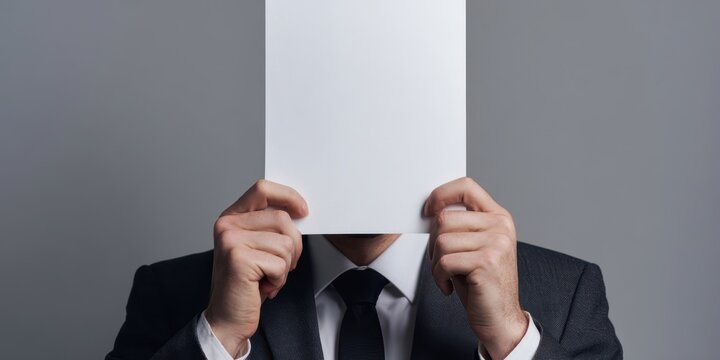 The businessman holding a blank sheet of paper to conceal his face in studio