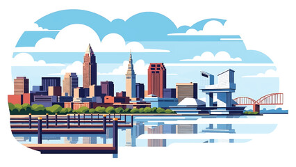 Obraz premium Flat vector illustration of a Cleveland-style lakeside cityscape with waterfront buildings, docks and calm urban atmosphere, designed in solid flat vector colors