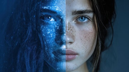 Close-up portrait of human face half overlaid with a digital overlay, symbolizing the duplication of human likenesses and a cautionary note on digital impersonation and AI-created deepfake identities.