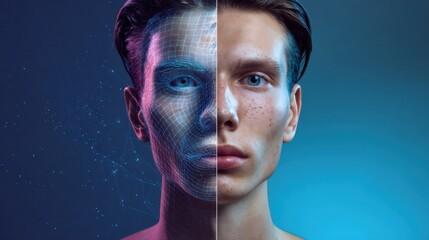 Close-up portrait of human face half overlaid with a digital overlay, symbolizing the duplication of human likenesses and a cautionary note on digital impersonation and AI-created deepfake identities.