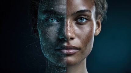 Close-up portrait of human face half overlaid with a digital overlay, symbolizing the duplication of human likenesses and a cautionary note on digital impersonation and AI-created deepfake identities.