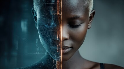 Close-up portrait of human face half overlaid with a digital overlay, symbolizing the duplication of human likenesses and a cautionary note on digital impersonation and AI-created deepfake identities.