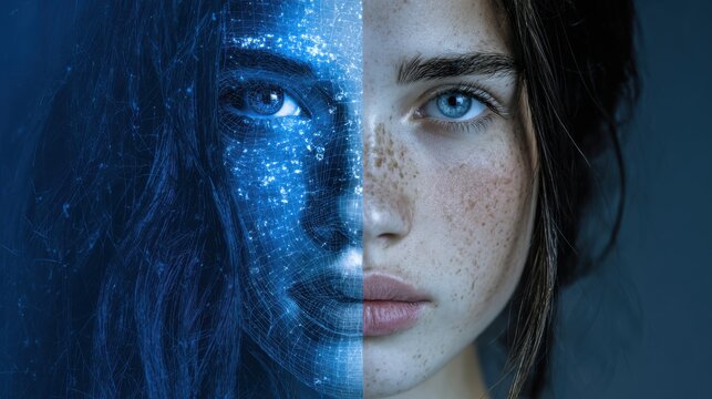 Close-up portrait of human face half overlaid with a digital overlay, symbolizing the duplication of human likenesses and a cautionary note on digital impersonation and AI-created deepfake identities.