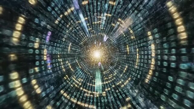 Abstract digital tunnel visualization with data and binary code animation
