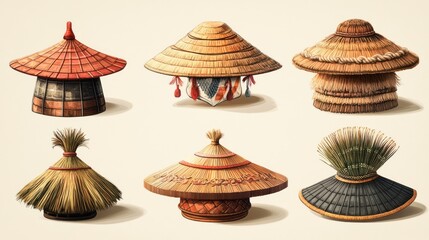 Six artistically rendered traditional hats, crafted from natural materials