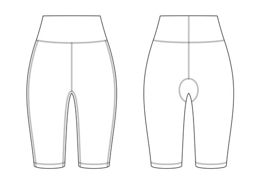 Vector fashion technical drawing of a short leggings with front and back view. Lock stitch details. Polyester fabric.