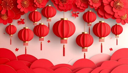 A festive digital illustration featuring red lanterns, flowers, and clouds