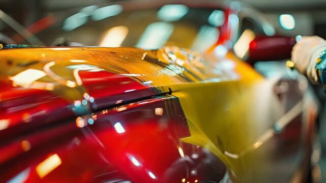 close-up of hands painting a car. Selective focus
