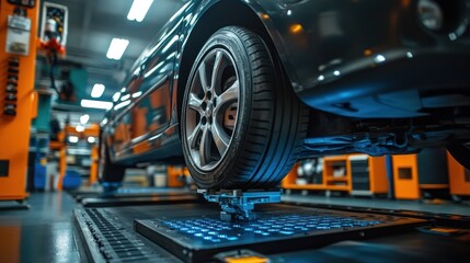 Close-up shot of a car tire being examined for mechanical inspection in a service bay