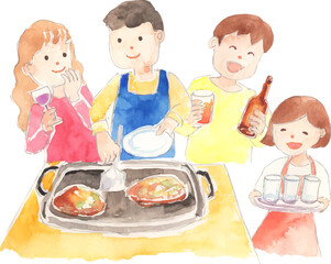 手作りの料理でパーティーをする人々のイラスト　ベクター