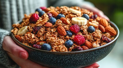 Close-up view of hands holding a bowl of granola, nuts, and fruit; a healthy breakfast
