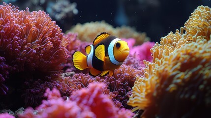 A vibrant clownfish swims near coral. Colorfully lit underwater scene with orange, red, pink, and yellow hues