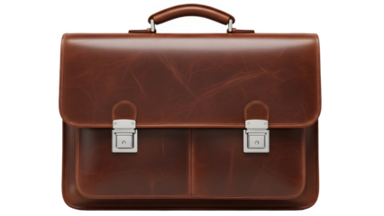 Brown leather briefcase with silver buckles and handle
