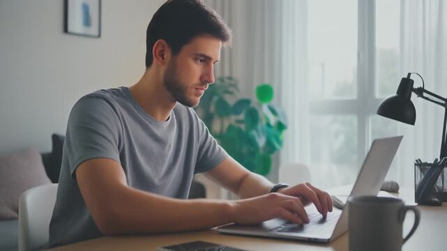 Man working on laptop at home office desk near window with natural light