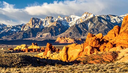 Stunning vista showcases vibrant red rock formations in the foreground, with snow-capped mountains and dramatic light
