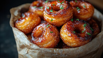 Close-up of fresh, glazed baked ring-shaped pastries with small chopped garnish, in a brown paper bag