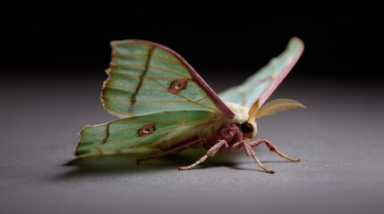 Detailed photograph showcasing a vibrant luna moth with intricate wing patterns resting on a neutral surface in soft lighting.