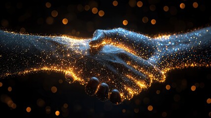 Digital handshake, rendered from light particles. Orange and blue lights illuminate on black background