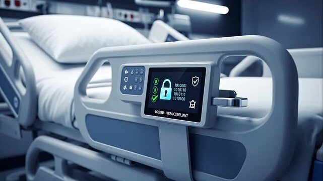 Modern hospital bed with a digital control panel displaying patient data and security lock status in a sterile room.