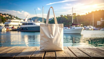 White Canvas Tote Bag on Wooden Pier with Blurred Yacht Harbor and Sunny Sky