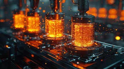 Close-up of glowing cylinders on a production line, specks of light floating around