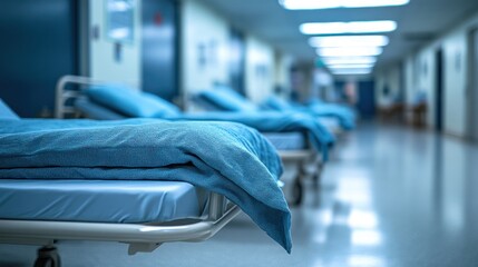 A perspective shot down a long, slightly blurry hospital corridor with beds, muted blue tones
