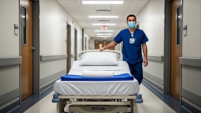 Caring male nurse in scrubs and mask pushing an empty gurney down a bright hospital corridor.