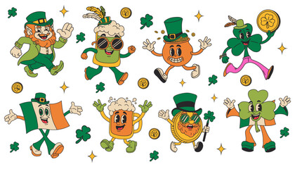 Cute St. Patricks Day Icons Leprechauns, Shamrocks, and Gold Coins