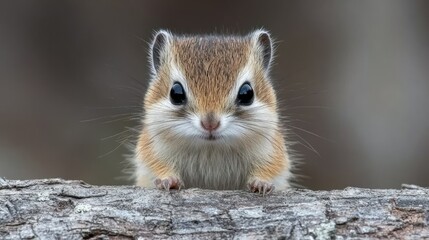 A close-up of a tiny, cute rodent peering over a weathered, brown tree branch