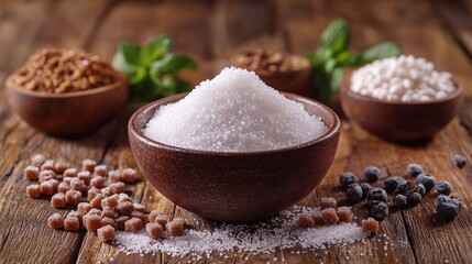 Composition of assorted sugars and sweeteners displayed in wooden bowls on a wooden table