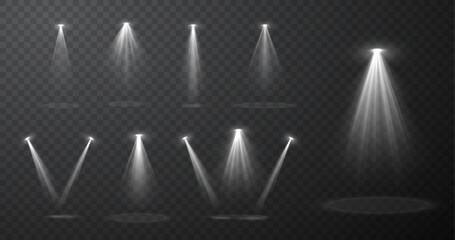 Set of realistic blue spotlight beams isolated on transparent vector background, stage lighting effects with glow and light rays for concert, show, presentation, cinema, event design composition. © Saibarakova Ilona