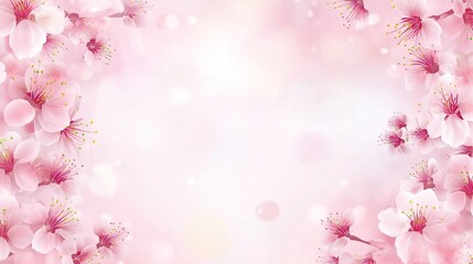 Obraz premium Soft Focus Pink Cherry Blossom Background with Delicate Edges and Central White Space, Pastel Vector Illustration for Cute Digital Design and Text Placement