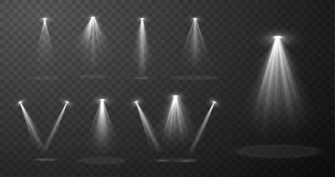 Set of realistic blue spotlight beams isolated on transparent vector background, stage lighting effects with glow and light rays for concert, show, presentation, cinema, event design composition.
