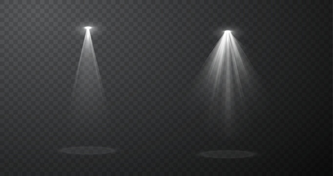 Set of realistic blue spotlight beams isolated on transparent vector background, stage lighting effects with glow and light rays for concert, show, presentation, cinema, event design composition.