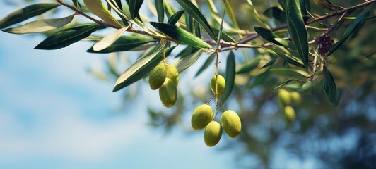 The olive branch with ripe green olives hanging against a clear sunny blue sky
