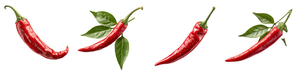 Set of Fresh Red Chili Peppers with Green Leaves Isolated, Spicy Jalapeno Vegetable Elements PNG, transparent background