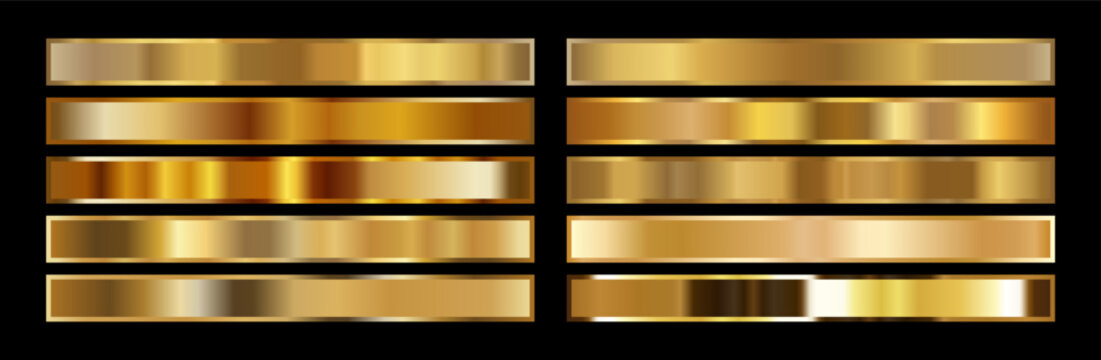 Collection of editable golden gradient samples with darker shades in vector format, perfect for graphic designers. Perfect wedding stationery, award certificates and corporate identity projects