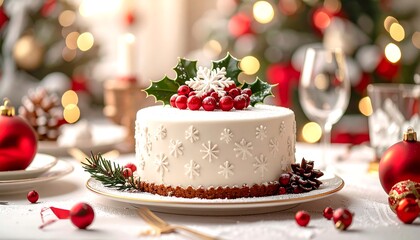 A festive holiday table setting with a decorated cake