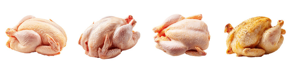 Set of fresh whole raw poultry and seasoned roasted chicken for cooking PNG transparent background