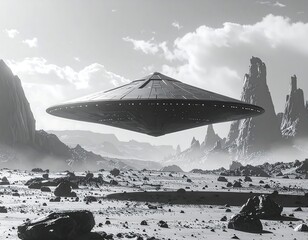 A futuristic spacecraft hovers above a rocky, barren landscape