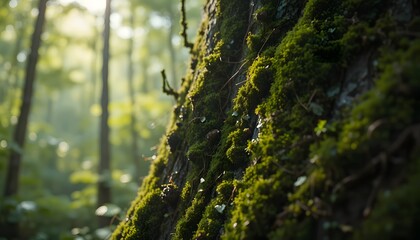 Obraz premium Mossy Tree Trunks in Sunlit Forest