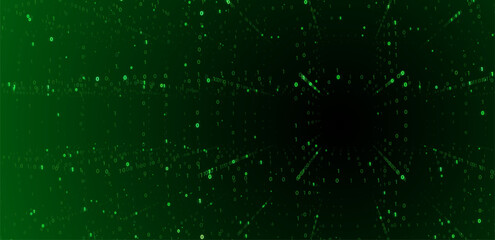 Futuristic green digital matrix space with binary code streams and glowing horizon line, symbolizing data transfer, cybersecurity, virtual networks, artificial intelligence vector background