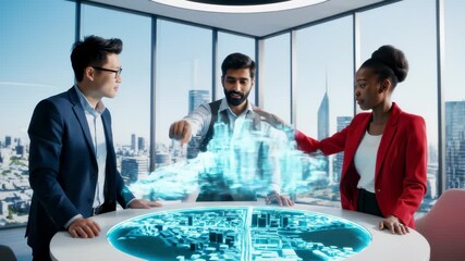 Diverse Team Interacting With Futuristic City Hologram in Modern Office - Powered by Adobe