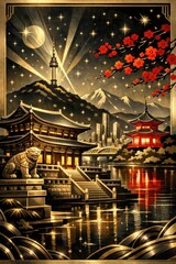 Elegant nightscape with traditional architecture.