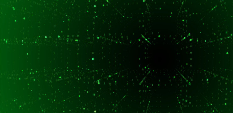 Futuristic green digital matrix space with binary code streams and glowing horizon line, symbolizing data transfer, cybersecurity, virtual networks, artificial intelligence vector background