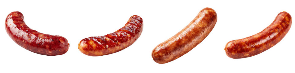 Set of Different Grilled Sausages and Bratwurst Meat for BBQ, PNG, transparent background