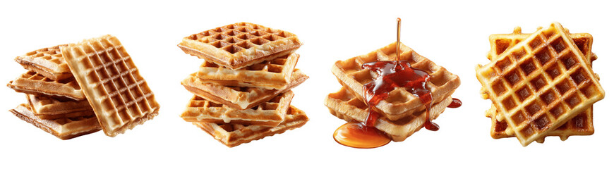 Assorted Delicious Belgian Waffles Stacked and with Maple Syrup Drip PNG, transparent background